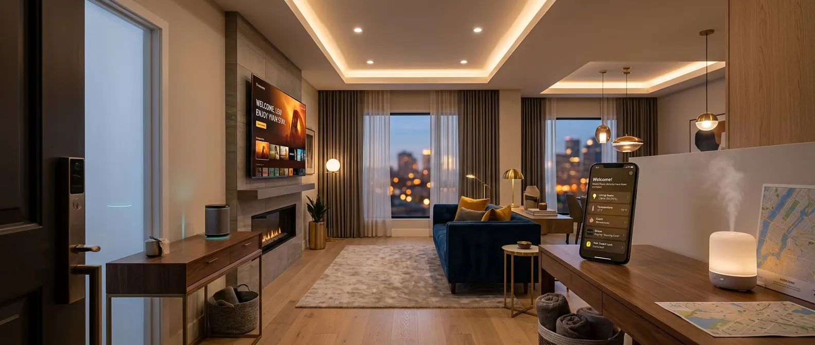 A living room with the TV welcome screen on