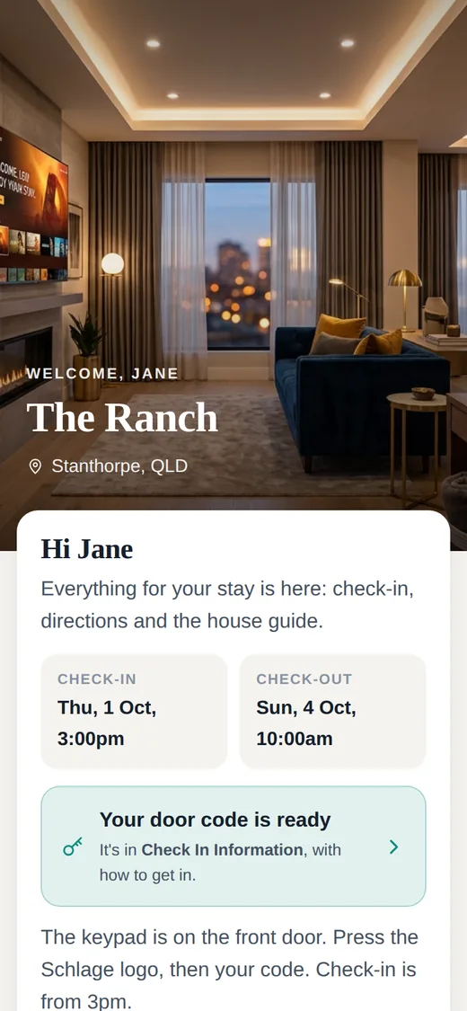 The stay page showing the door code is ready