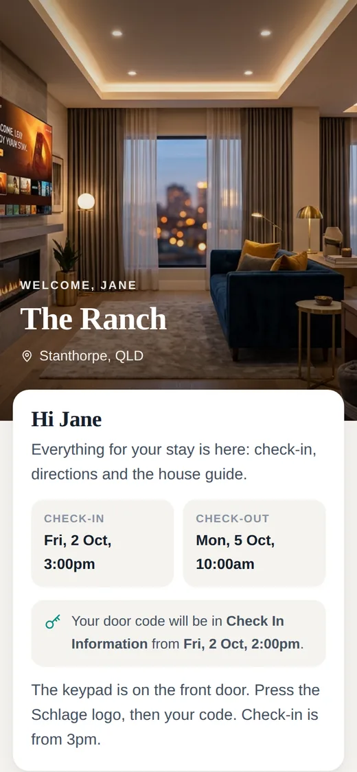 A guest's stay page with check-in times